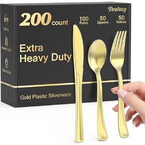 200 Count Heavy Duty Gold Plastic Silverware, 100 Forks, 50 Spoons, 50 Knives, BPA-Free, Heat Resistant, Disposable Gold Plastic Utensils Set, Gold Plastic Cutlery Set, Plasticware Bulk