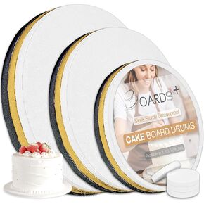 9 Pack Cake Board Drums in 3 Sizes (8, 10, 12 Inch) & in 3 Colors (White, Black, Gold) | 1/2" Thick Cake Rounds Sturdy & Greaseproof | Free Prop Up Tools | Perfect For Heavy/Tiered Cakes