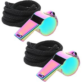 2 Pack Stainless Steel Metal Whistles with Lanyard | Loud Crisp Sound for Coaches, Teachers, Referees, and Emergency Use | Colorful Sports Whistles