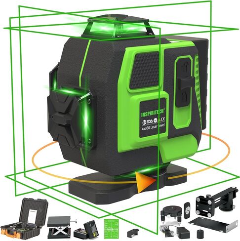 مستوى الليزر للبلاط 360 مستوى ذاتي التسوية - الأرضية 4x360 شعاع أخضر عبر خط أداة تسوية الليزر - 16 خط سقف ليزر نيفيل للبناء مع علبة صلبة الجوانب وبطاريتين in Kuwait