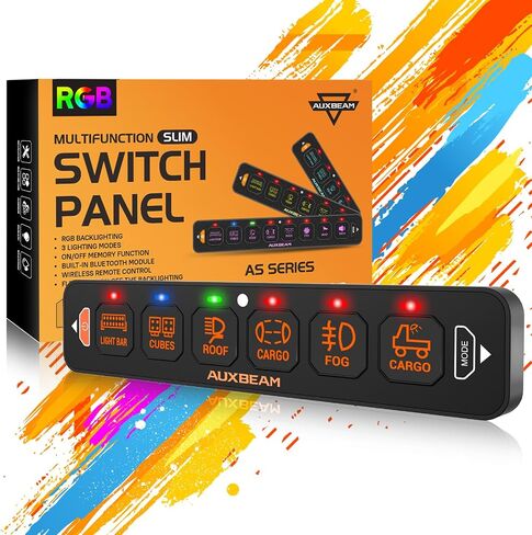لوحة مفاتيح Auxbeam 6 Gang Slim Switch Panel RGB AS-R60 لوحة تبديل خافتة أوتوماتيكية مع مفتاح تبديل LED نابض مؤقت وإضاءة خلفية 12-24 فولت لشاحنة الطرق الوعرة وقارب السيارة مقاوم للماء، ضمان لمدة عامين in Kuwait