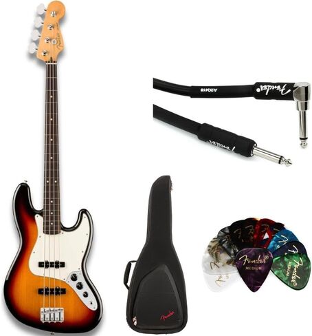 Fender Player II Jazz Bass 3 ألوان Sunburst مع حزمة أصابع خشب الورد مع حقيبة جيتار كهربائي Fender باللون الأسود، يختار جيتار السيلولويد الكلاسيكي من Fender 12 حزمة وكابل أداة Fender بطول 10 أقدام باللون الأسود in Kuwait