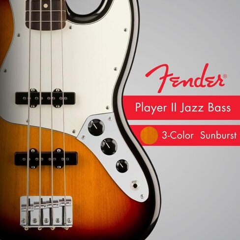 Fender Player II Jazz Bass 3 ألوان Sunburst مع حزمة أصابع خشب الورد مع حقيبة جيتار كهربائي Fender باللون الأسود، يختار جيتار السيلولويد الكلاسيكي من Fender 12 حزمة وكابل أداة Fender بطول 10 أقدام باللون الأسود in Kuwait