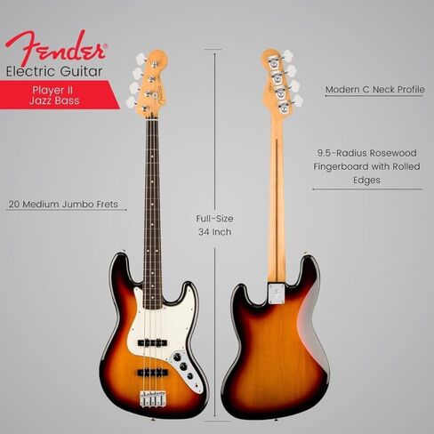Fender Player II Jazz Bass 3 ألوان Sunburst مع حزمة أصابع خشب الورد مع حقيبة جيتار كهربائي Fender باللون الأسود، يختار جيتار السيلولويد الكلاسيكي من Fender 12 حزمة وكابل أداة Fender بطول 10 أقدام باللون الأسود in Kuwait