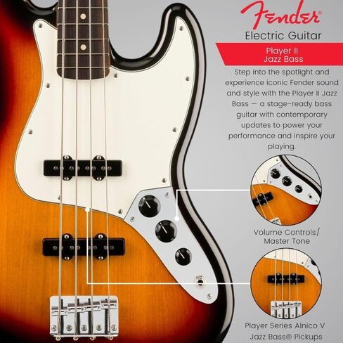 Fender Player II Jazz Bass 3 ألوان Sunburst مع حزمة أصابع خشب الورد مع حقيبة جيتار كهربائي Fender باللون الأسود، يختار جيتار السيلولويد الكلاسيكي من Fender 12 حزمة وكابل أداة Fender بطول 10 أقدام باللون الأسود in Kuwait