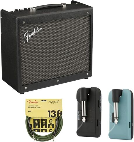 حزمة مضخم صوت جيتار Fender Mustang GTX50 مع نظام Fender Telepath اللاسلكي، وكابل جهاز Mystic Ice Blue وBlack وJoe Strummer، أخضر باهت، بطول 13 قدم in Saudi Arabia