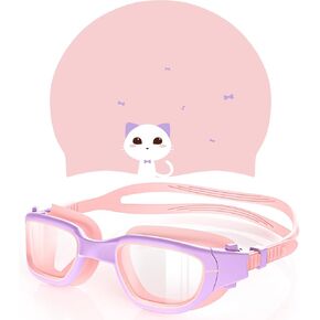Kids Swim Goggles with Silicone Swim Cap, Swimming Goggles for Kids 6-14, Anti-Fog UV Protection Pool Goggles Cap Set for Boys Girls Children