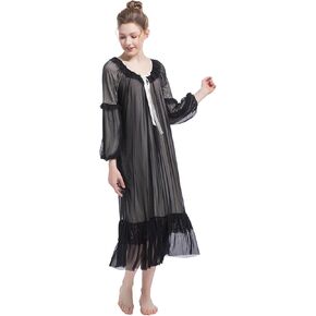 Women Victorian Nightgown Long Sheer Vintage Sleepwear Pajamas Loungewear Princess Housecoat Nightdress