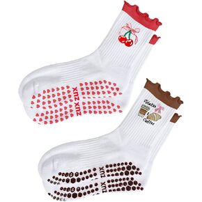 Women Cute Pilates Socks Grip Crew Yoga Socks Ruffle Cuff Embroidery Pattern Workout Ballet Socks