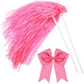 3 Pcs Cheerleading Pom Poms and Large Pink Hair Bow Metallic Cheer Pompoms Cheerleading Accessories for Adults Girl Team Sports Dance Cheering