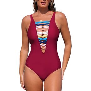 popvil Sexy One Piece Swimsuit for Women Plunge Deep V Neck Bathing Suit