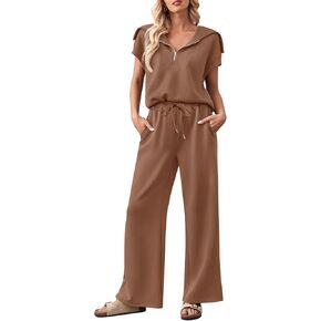 MEROKEETY Women 2 Piece Outfits Sweatsuit Set Half Zip Lapel Collar Short Sleeve Sweatshirt Wide Leg Sweatpant Tracksuit Sets