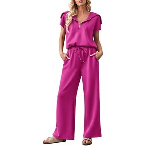 MEROKEETY Women 2 Piece Outfits Sweatsuit Set Half Zip Lapel Collar Short Sleeve Sweatshirt Wide Leg Sweatpant Tracksuit Sets in Kuwait