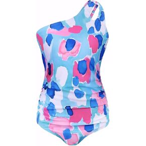 Girls One Piece Swimsuits Color Block Quick Dry Bathing Suit One Shoulder Swimwear with Adjustable Straps 7-16Y