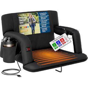 Alpcour Heated Reclining Stadium Seat for Bleachers – Wide Bleacher Chair with Back Support and Cushion, Armrests, Side Pockets, & Hook – Stadium Seats Chairs for Camping, Kayak, Paddle Board & More