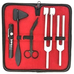 SurgicalOnline Percussion Taylor Reflex Hammer + C 128 & C 512 Tuning Forks + Bandage Scissors + Pupil Gauge Pen Light in Carrying Case - 6-Piece Set (Black)