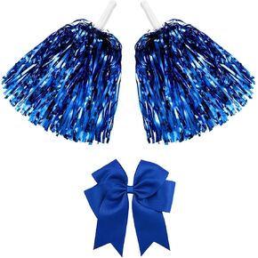 3 Pack 10 in Cheerleading Pom Poms and Large Cheerleader Hair Bow for Girl, Cheer Pompoms Foil Pompoms Hand Flowers for Adults, Kids, Party Dance Sports