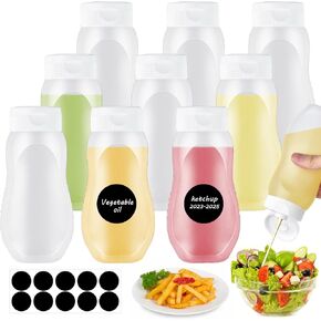 9 Pcs Condiment Squeeze Bottles with Flip Top Cap, 12 Oz Plastic Sauce Bottles with Labels,Clear HDPE Dressing Container for BBQ,Hot Sauce Salad Ketchup Oil