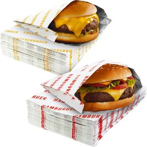 Retro, Grease Proof Burger Wrappers Combo 100Pk. Insulated, Pro Quality Bulk Hamburger and Cheeseburger Bags are BPA Free. Large, Allergen Friendly BBQ Foil Paper Great Cooking Supply For Themed Party
