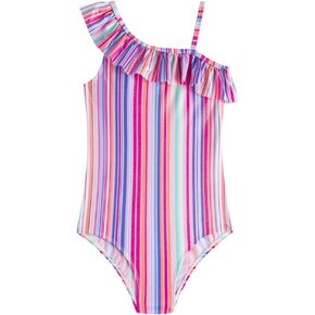 LIZENS Girls One Piece Swimwear Striped Ruffle Trim 2-12Years Flounce Colorful Beach Bathing Suit for Kids Swimsuit