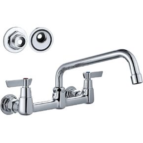 Airuida Chrome Polish Wall Mount Kitchen Sink Faucet Commercial Sink Faucet 8 Inch Center Kitchen Tap Restaurant Mixer for Laundry Room with 2 Hole Double Handles 360 Rotatable 9 inches Swivel Spout
