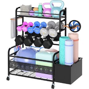 Dumbbell Rack Weight Stand, Weight Rack for Dumbbells, Home Gym Storage for Yoga Mat Dumbbells Kettlebells and Balls, All in One Workout Equipment Organizer with Wheels and Hooks