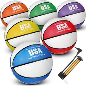 Libima 6 Pcs Official Size 5 6 7 Basketball Indoor Outdoor 2 Color Printed Rubber Basketball with Pump for Game Practice Training Kids Adults