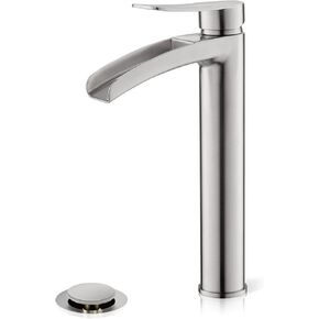 Phiestina Brushed Nickel Tall Bathroom Vessel Sink Faucet, Single Hole Single Handle Waterfall Modern Bathroom Faucet, with Pop Up Drain and Water Supply Line, NS-SF01-BN-V