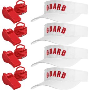 Tigeen 4Pcs Professional Guard Hat 4Pcs Emergency Whistles with Lanyard Guard Visor Loud Safety Plastic Whistle for Men Women (White)