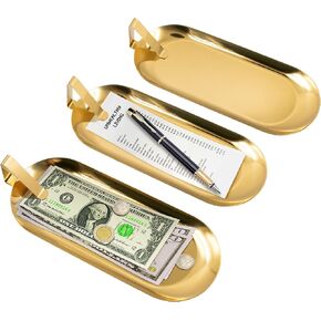 3 Pack Gold Oval Tray with Clip Check Tray Decorative Trays, Stainless Steel Plate Tip Trays Holder Makeup Trays Credit Card Storage Tray for Restaurants Cafe Bar Hotel Waiter Server (8.7 x 3.5in)