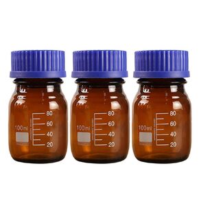 100ml Storage Glass Bottles with Cap - 3pcs Round Media Storage Bottles Amber Graduated Lab Reagent Container for Lab Scientific Glassware Classrooms Home