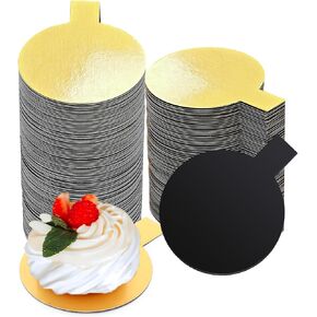 200 Pcs 2 Inch Round Cake Board with Tab Mini Pastry Gold and Black Reversible Waxed Cake Board Mini Cake Bases for Dessert Display Trays Pastry Plates