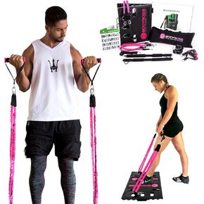 2.0 - Full Portable Home Gym Workout Package + Resistance Bands - Collapsible Resistance Bar, PKG4-PINK (Pink - Full Gym + Extra Bands)