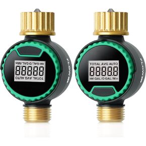 [2 Pack] RESTMO Water Flow Meter, 360° Rotatable Control Panel and Brass Inlet & Outlet, Measure Gallon/Liter Consumption and Flow Rate, for Garden Hose Nozzle Watering, RV Water Tank Filling