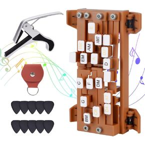 Guitar Chord Presser, 16 Chords Presser Guitar, Guitar Chord Helper with Pick & Capo, Guitar Learning Aid Tool Kit for Beginners (Brown)