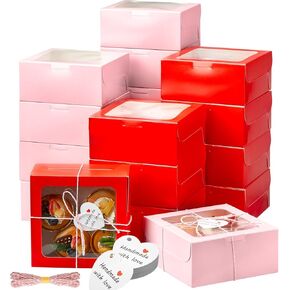 Maxcheck 50 Pcs Valentine's Day Bakery Boxes with Window 6x6x3 Inch Pink Cookie Boxes Red Treat Boxes Cupcake Boxes Charcuterie Box with Rope and Card Pastry Boxes for Baked Goods Gift Giving