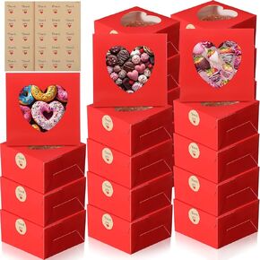 Janlaugh 25 Pcs Valentine's Day Red Bakery Boxes Heart Cupcake Treat Cookie Dessert Box with Window Bulk Gift Box with Stickers for Chocolate Strawberries Donuts Candy Party Favor (6x6x2.5 Inch)