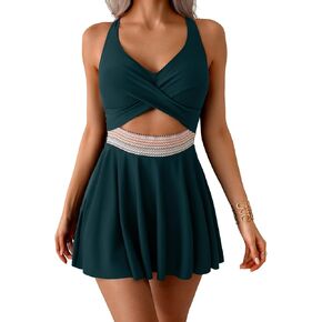 Women Cutout One Piece Swimsuit Swimdress Color Block Bathing Suit with Skirt Wrap Front Tummy Control Swim Dress