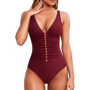RXRXCOCO Women Sexy Cutout One Piece Swimsuit Tummy Control Ribbed Bathing Suit Plunge V Neck Swimsuits