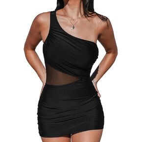 CUPSHE Women's One Piece Swimsuit Asymmetrical Neck Bathing Suit One Shoulder Ruched Mesh Side Waisted Panel Swim Dress