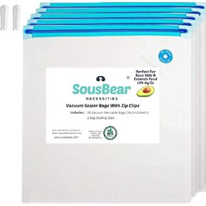 SousBear Reusable Gallon Vacuum Zipper Bags, 20count 10x13 Inch, Resealable Vac Storage, Sous Vide Bags, Meal Prep, Heavy Duty, BPA Free for use with handheld pump