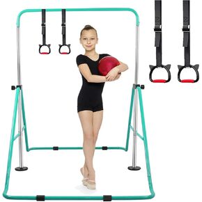 Gymnastics Bar with Rings for Kids, Folding Horizontal Bars with Adjustable Height Expandable Gymnastics Equipment Junior Kip Monkey Bar for Girls & Boys Home Training Bars
