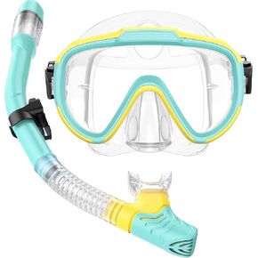 Kids Snorkel Set, Anti-Fog Panoramic Tempered Glass Kids Snorkel mask, Anti-Leak Scuba Diving Mask with Mesh Bag, Dry Top Snorkeling Gear for Kids and Youth Age 4-16
