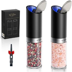 Sangcon Gravity Electric Salt and Pepper Grinder Set, Battery Salt and Pepper Mill Set with Dust Cover, 8 Oz Large Capacity Automatic Pepper Shaker with Light，Adjustable Coarseness, 2 Pack (Black)