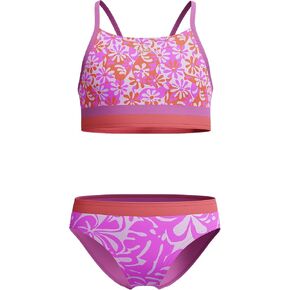 Speedo Girls' Standard Swimsuit Two Piece Bikini Set, Neon Violet Wavy Daisy