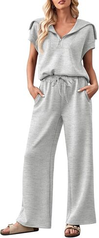 MEROKEETY Women 2 Piece Outfits Sweatsuit Set Half Zip Lapel Collar Short Sleeve Sweatshirt Wide Leg Sweatpant Tracksuit Sets in Saudi Arabia