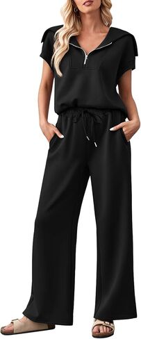 MEROKEETY Women 2 Piece Outfits Sweatsuit Set Half Zip Lapel Collar Short Sleeve Sweatshirt Wide Leg Sweatpant Tracksuit Sets in Saudi Arabia