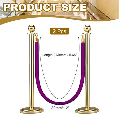 MECCANIXITY Velvet Stanchion Rope 6.6 Ft/2 M, Barrier Rope Velvet Carpet Ropes with Snap Hooks for Posts Stands Queue Divider Crowd Control, Purple Golden Pack of 2 in Kuwait