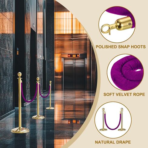 MECCANIXITY Velvet Stanchion Rope 6.6 Ft/2 M, Barrier Rope Velvet Carpet Ropes with Snap Hooks for Posts Stands Queue Divider Crowd Control, Purple Golden Pack of 2 in Kuwait