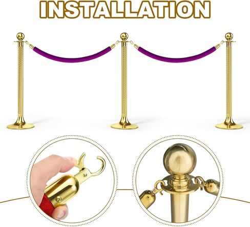 MECCANIXITY Velvet Stanchion Rope 6.6 Ft/2 M, Barrier Rope Velvet Carpet Ropes with Snap Hooks for Posts Stands Queue Divider Crowd Control, Purple Golden Pack of 2 in Kuwait